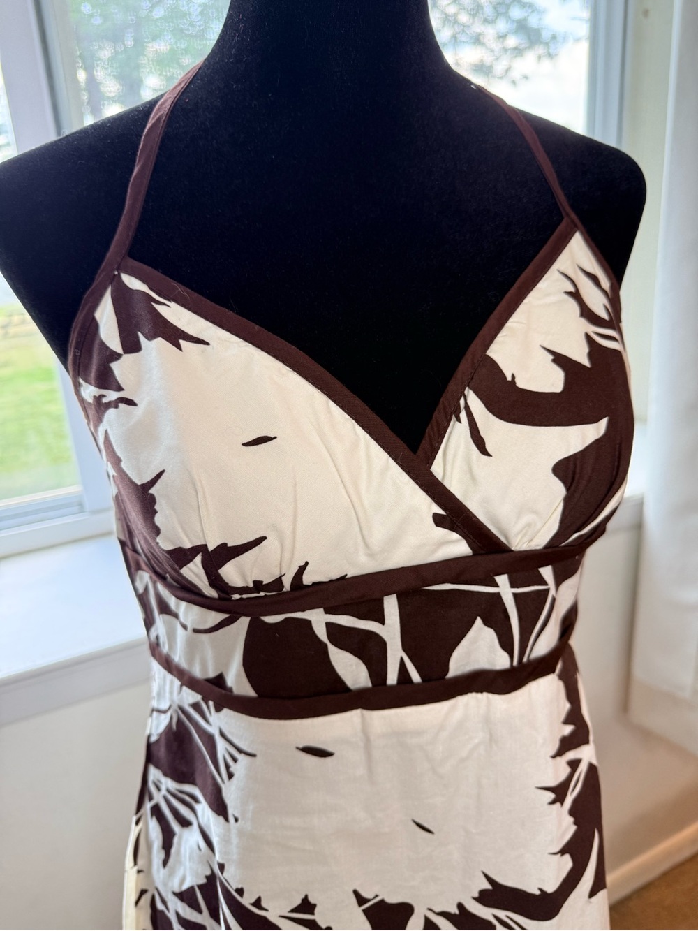 Y2K vintage summer halter sundress empire waist brown white tropical zip med - Picture 4 of 11